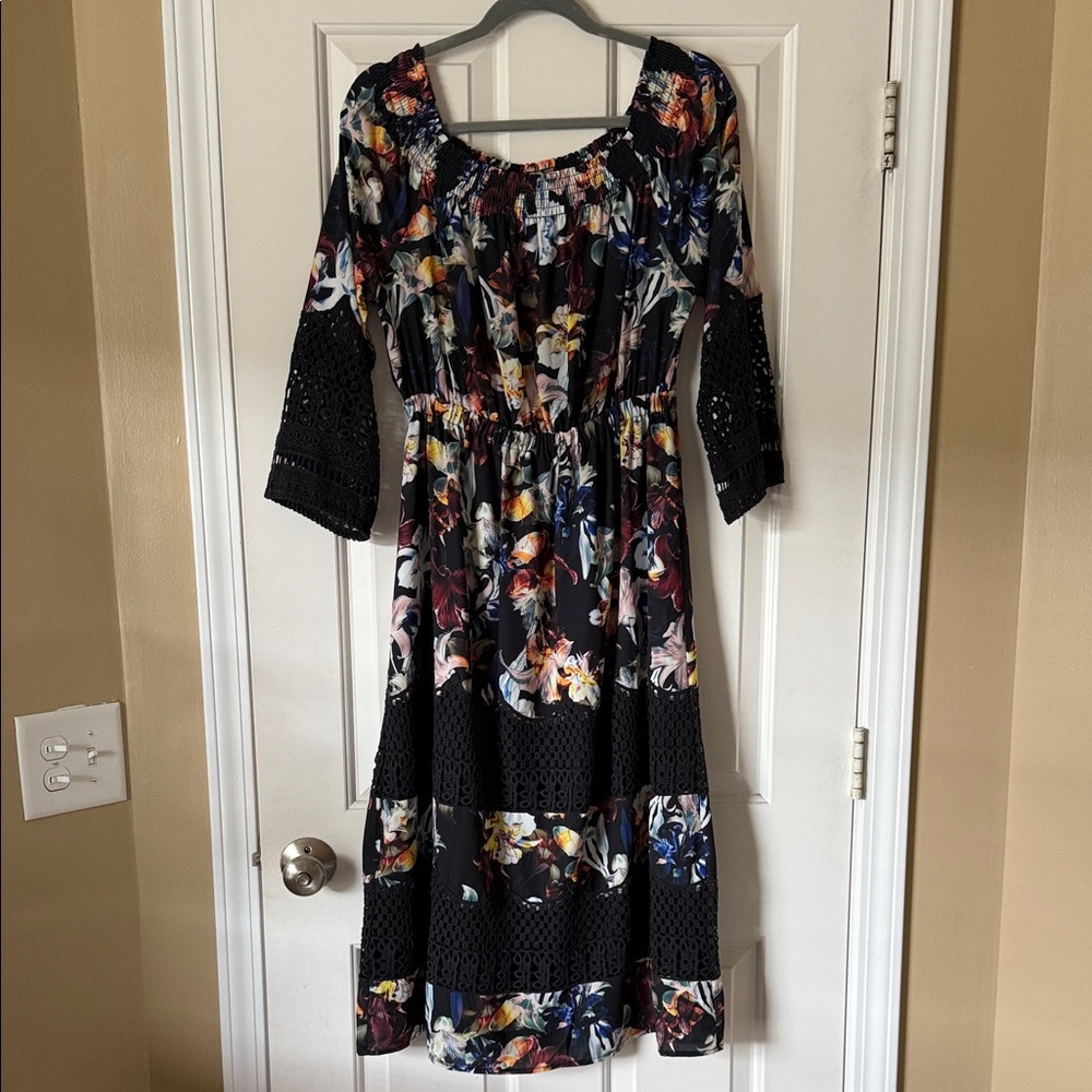 Floral Black Dress with Crochet Sleeves